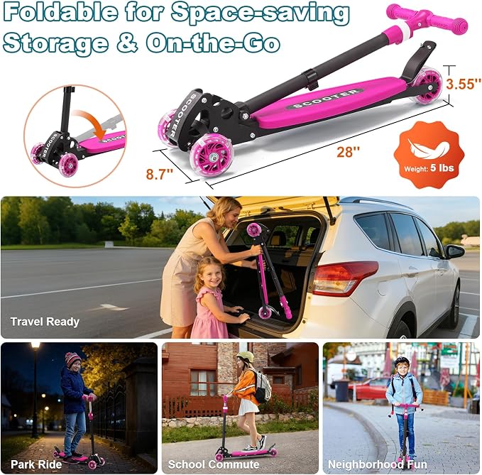 3 Wheel Kids Kick Scooter for Ages 3-12, Lean-to-Steer, Light-Up Wheels, 3-Level Adjustable Handlebar 27.5”-33”, Wide Non-Slip Deck, Dual Rear Brake,Travel Foldable, for Boys & Girls Toy Gifts