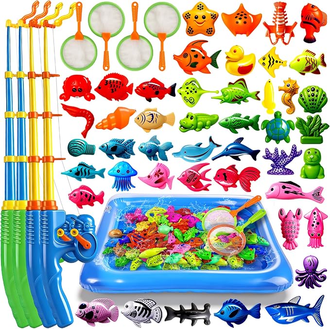 CozyBomB™ Magnetic Fishing Toys Game Set for Kids | Water Table Bathtub Kiddie Pool Party Pole Rod Net, Outdoor Plastic Floating Fish, Toddler Bath Color Ocean Sea Animals Birthday Gift Age 3-5 6 4-8