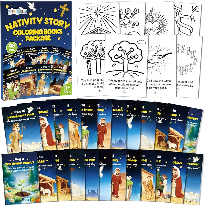 gisgfim 48 PCS Mini Christian Nativity Story Coloring Books Bulk Nativity Coloring Books for Kids bulk Religious Christmas Party Favors for Goodie Bag Gift Filler Religious Party Supplies Crafts