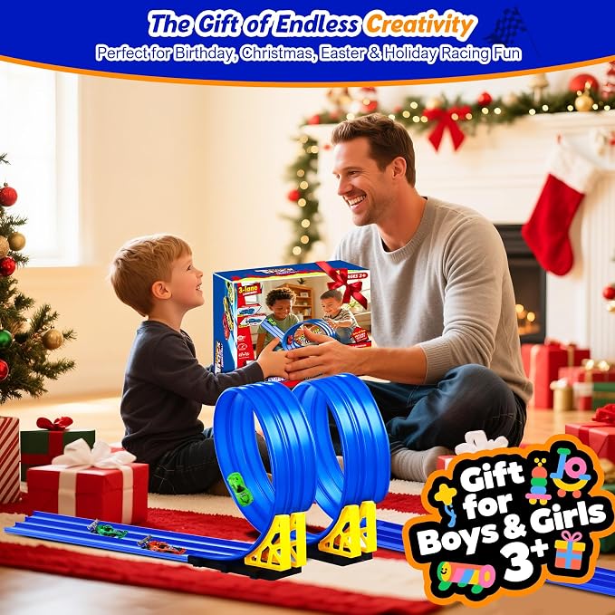 3-Lane Flexible Race Track for Kids: 15ft DIY Bendable Ramp with Suction Cups – Portable Roll-Up Car Track for Kids Compatible with 1:64 Diecast Cars – Easter Birthday Gift for Boys Girls Ages 3+