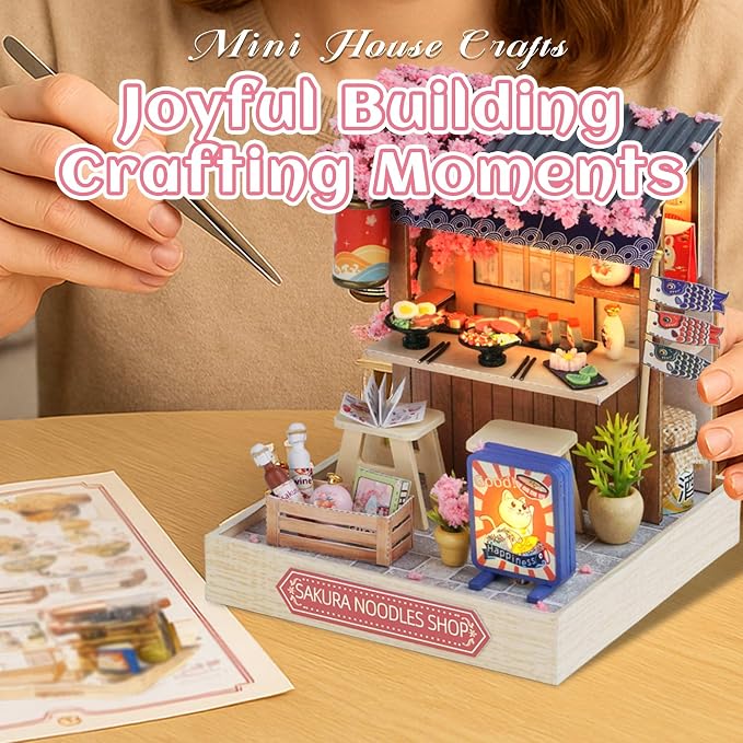 Kisoy Dollhouse Miniature with Furniture Kit, DIY 3D Wooden DIY House Kit with Dust Cover, Handmade Tiny House Toys for Teens Adults Gift (Sakura Noodles Shop)