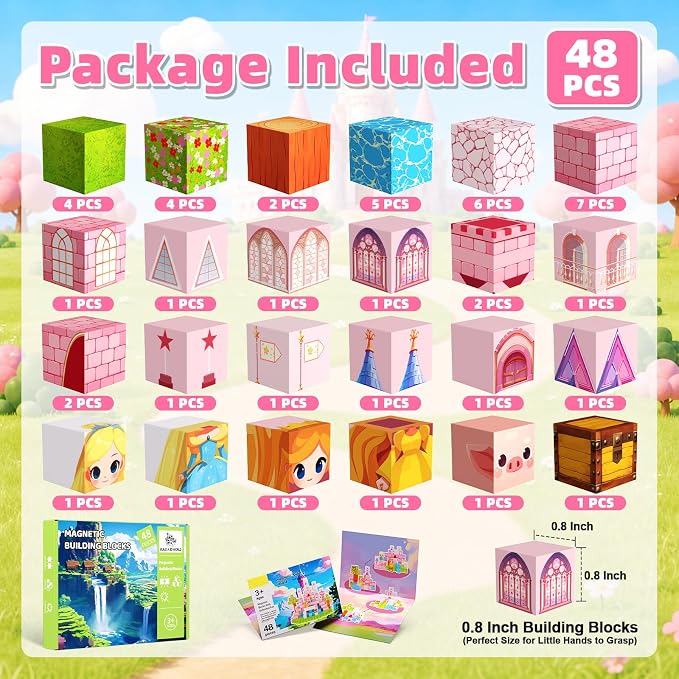 Magnetic Blocks, 48PCS Magnetic Building Cube Set for Kids Ages 3+, Constructions STEM Stacking Tiles Toy Building Birthday Gifts for Girls