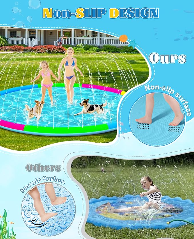 118" Extra Large Splash Pad - Non-Slip Splash Pad for Kids and Dogs Thickened Dog Pool with Sprinkler Outdoor Water Toys Giant Fountain Play Mat for Toddlers Children Adults Pets