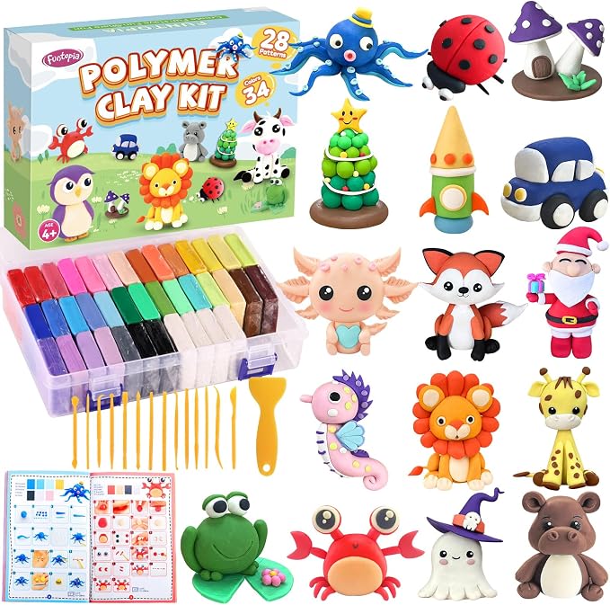 Polymer Clay Kit, 34 Colors Modeling Clay for Kids Adults, Funtopia Oven Bake Clay with Tutorial Book Sculpting Tools Storage Box for Sculpture, Crafting, DIY Projects, Jewelry Making(0.9oz/pc)