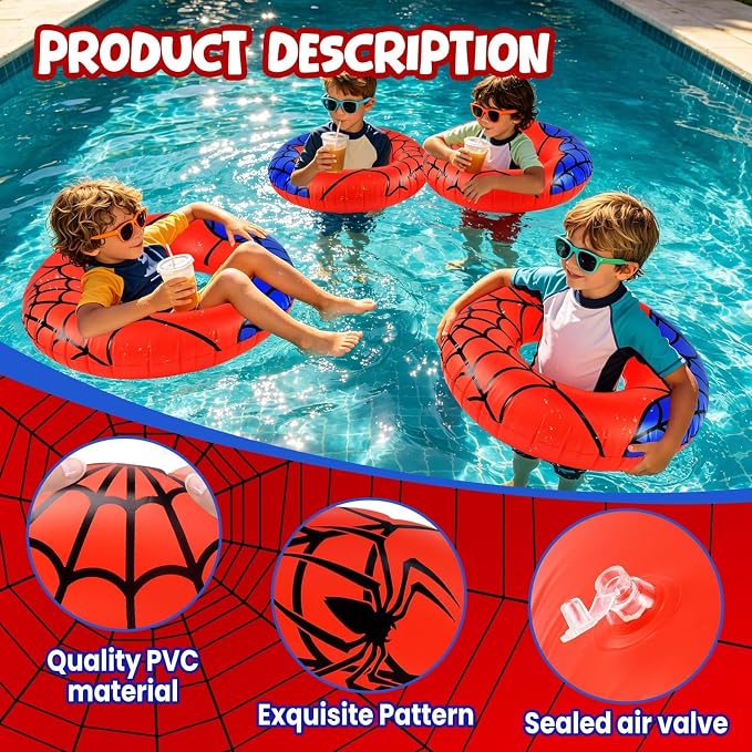 4 Pcs Spider Party Pool Floats, 24 Inch Web Pattern Swim Rings for Kids Ages 5-8 Pool Tube, Inflatable Pool Toys for Hawaiian Luau, Beach, Water Park Fun