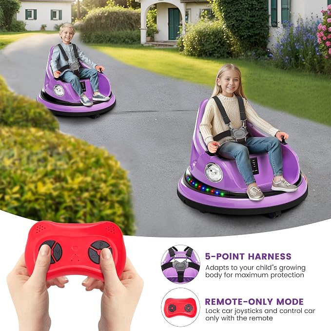 Bumper Car for Kids, 12V Ride on Bumper Car for Toddler with Remote Control, 2-Speed, 2 Driving Modes, 360°Spin, Anti-Collision Padding, Lights, Music, Electric Bumping Car for Children 1.5-6, Purple