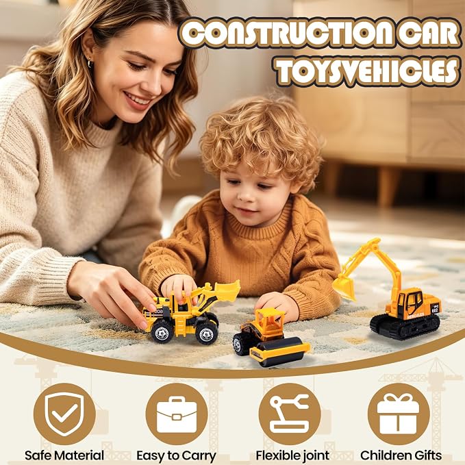 Oriate Construction 6PCS/Set diecast car, Including bulldozers, Forklift, Excavator & Other Educational Indoor & Outdoor Toy Cars, mini car Models for Boys and Girls 3 Years Old Birthday Easter Gifts