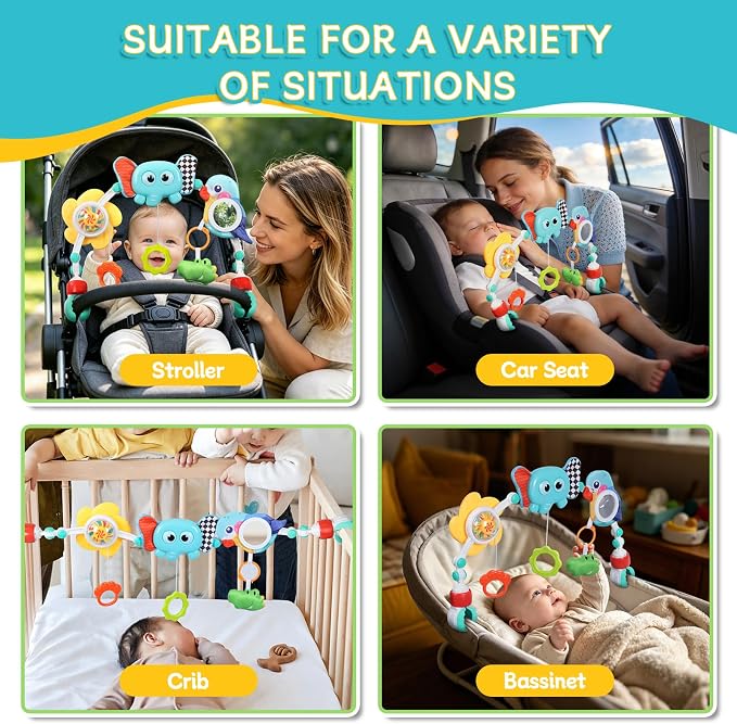 Orzbow Adjustable Stroller Hanging Toys, Arch Crib Mobile with Fascinating Toys to Stimulate Baby's Senses and Develop Motor Skills, Baby Mobile for Bassinet, Car Seat & Bouncer, Elephant