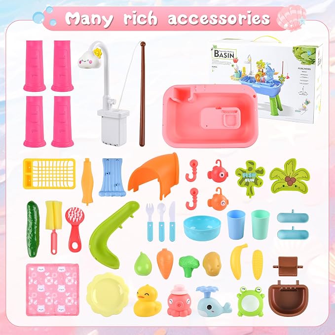 Upgraded Toddler Sand Water Table Toy with Electric Water Pump, Kids Sand Water with Faucet/Play Food Accessories/Fishing Toy, Kitchen Play Sink Toys for Girl Boy Age 3+ (Pink)