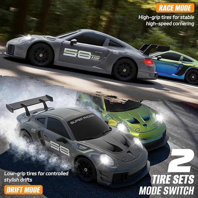 RC Drift Car, 1:24 4WD Remote Control Cars Vehicle with LED Light,2.4GHz 20KM/H High Speed RC Cars with Two Batteries & Drifting Tires Racing Sport Toy for Adults Boys Girls Kids