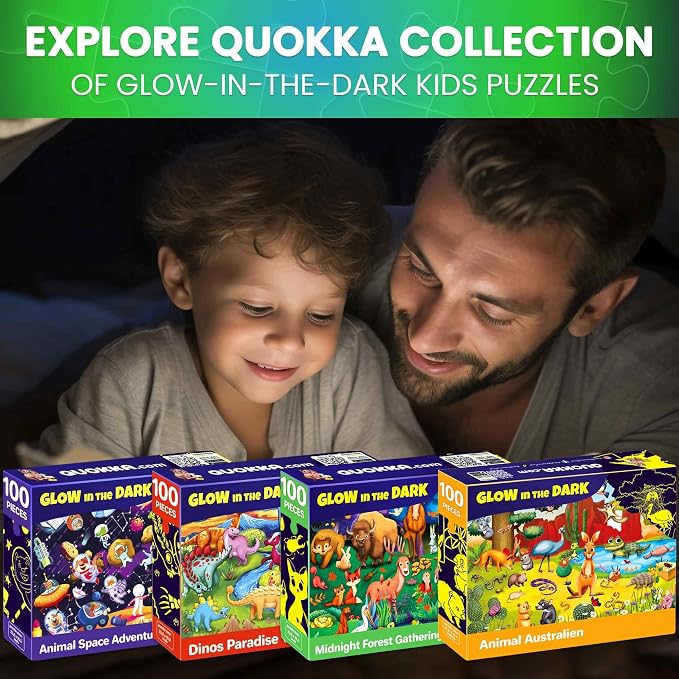 QUOKKA 100 Piece Puzzles for Kids Ages 6-8 – 4 Jigsaw Puzzles for Kids Ages 8-10 – Glow in the Dark Space Dinosaur Animals – Fun Game for 10-12 Boys and Girls – Learning Games Gift for Childrens