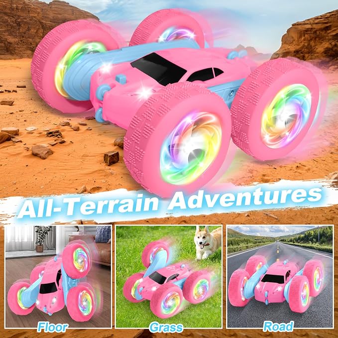 Remote Control Car, RC Cars for Girls, 2.4 GHz Double Sided RC Crawler with Upgraded USB-C Modular Battery, 360°Rotating Car Toys for 6 7 8 9 10 11 12 Year Old Girl Birthday Gift PinkBlue