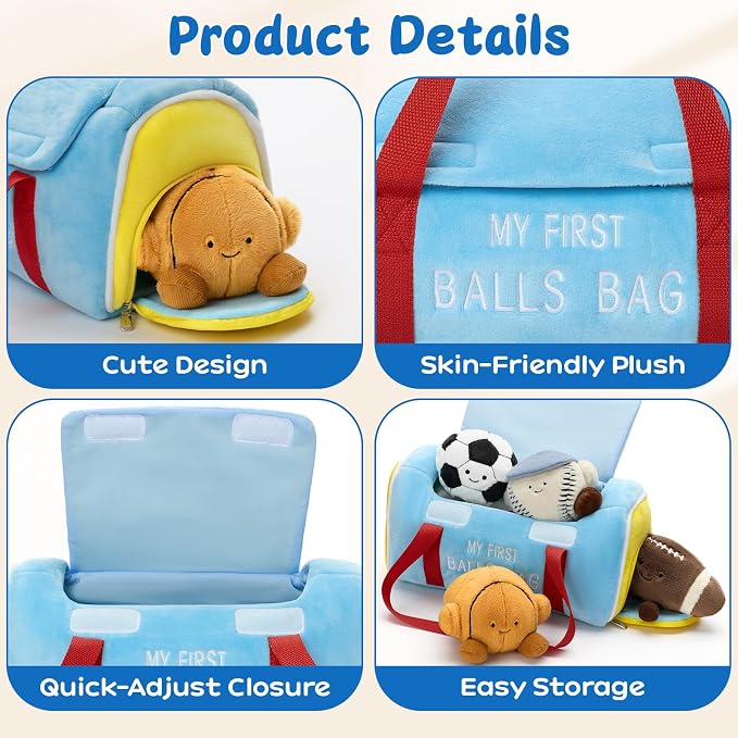 MaoGoLan 12.6 Inch My First Sports Bag Plush Toy, Baby Sports Toys with 4 Pcs Soft Stuffed Ball Plushy - Basketball, Baseball, Football and Soccer, Ideal Baby Shower Birthday Gift for Boys Girls