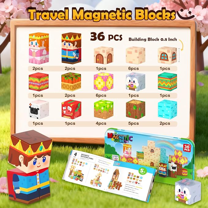 Mini Magnetic Blocks with Case - Portable Building Cubes Travel Toys for Kids Ages 4-8 Construction STEM Learning Set for Toddlers Build Mine Magnet World Christmas Birthday Gift for Boys Girls 3-5