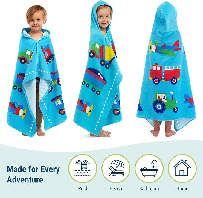 Wildkin Kids Hooded Beach Towel – 100% Cotton, Snap Front for Bath, Pool & Beach - Trains, Planes & Trucks