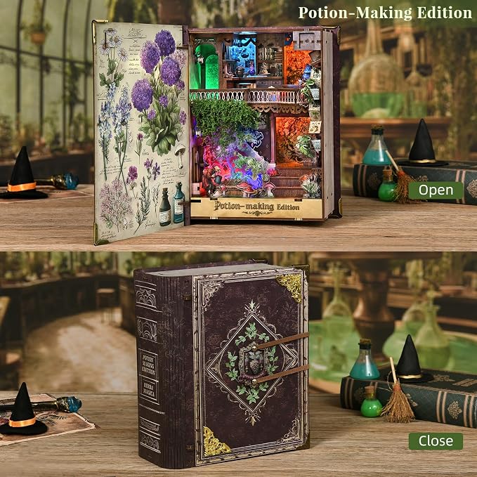 CCCDF Book Nook Kit, DIY Miniature Dollhouse Booknook Kit, 3D Wooden Puzzle for Teens and Adults, Bookend Bookshelf Insert Decor with LED Light (Potion-Making Edition)