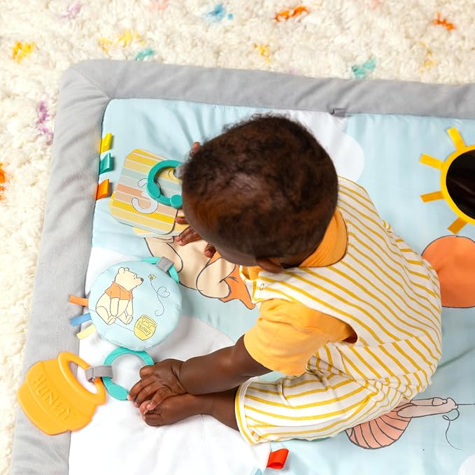 Bright Starts Disney Winnie THE Pooh Once Upon a Tummy Time Baby Play Mat, Tummy Time Mat and Play Gym, Blue, Newborn