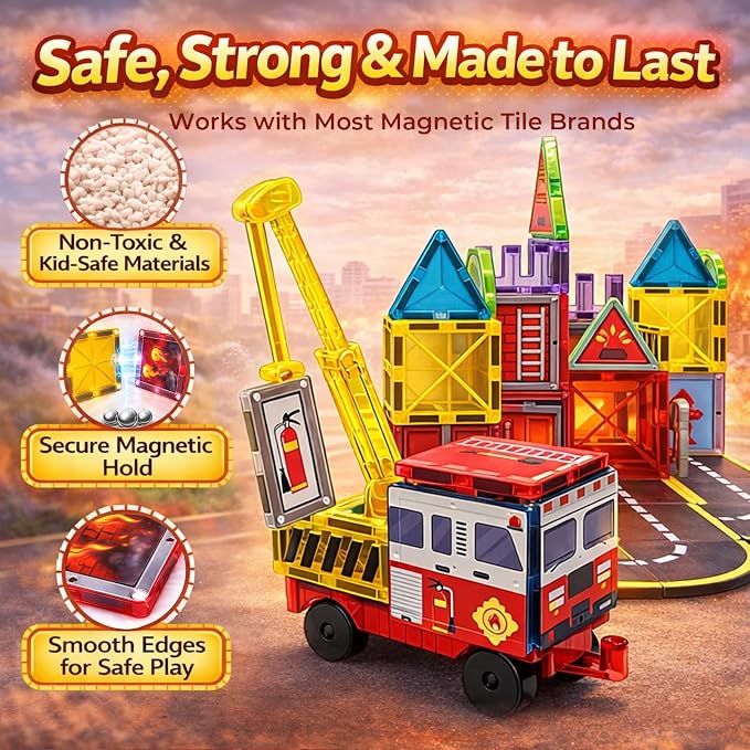LATI Fire Rescue Magnetic Tiles for Kids,Double-Sided Fire & Rescue Blocks with Fire Truck, Station, Roads & Crane, STEM Magnetic Building Blocks for Boys & Girls Ages 3-8
