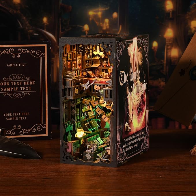 Book Nook Kit for Adults and Teens DIY 3D Wooden Puzzle Bookends, Miniature Dollhouse Kit Bookshelf Decoration, Magic Alley Model with LED Lights,The House of Magic