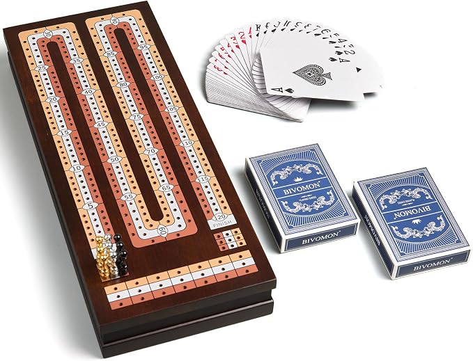 BIVOMON Wooden Cribbage Board Game Set with Large Storage Area, 3 Track Cribbage Board, 9 Metal Pegs｜2 Playing Cards｜Magnetic Lock, Family Travel Portable Tabletop Game for Adults & Kids (Instruction)