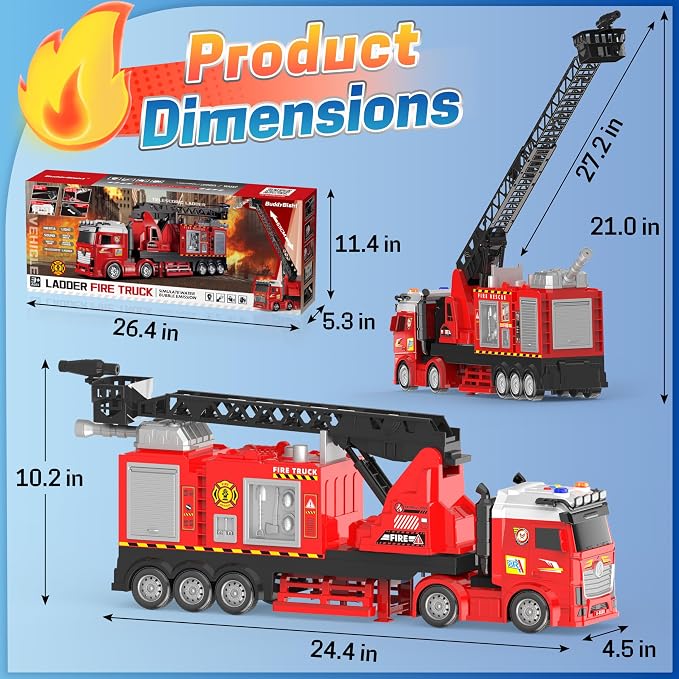 Extra Large Fire Truck Toys for Kids, 27'' Extendable Ladder 180° Rotating, Light & Sound Fire Trucks for Toddlers 3-5, Inertia Drive Firetruck Toys, Dual Water Spray Nozzles, for 3+ Boys
