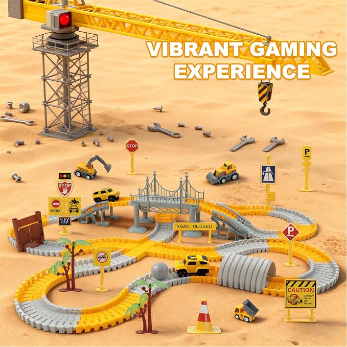 Construction Race Tracks Toys for Kids - 330+ PCS Track Play Set with Cars and Construction Trucks, Best Birthday Gifts for 3 4 5 6 7 Year Old Boys, Flexible DIY Engineering Building Set