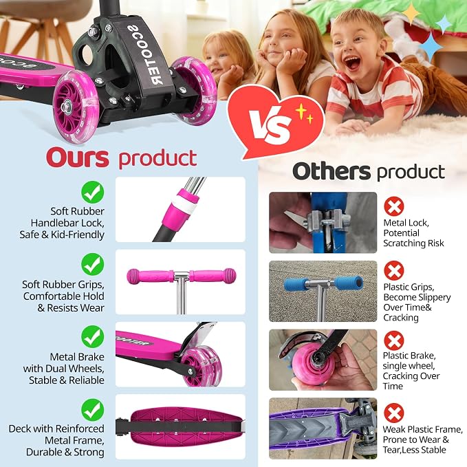 3 Wheel Kids Kick Scooter for Ages 3-12, Lean-to-Steer, Light-Up Wheels, 3-Level Adjustable Handlebar 27.5”-33”, Wide Non-Slip Deck, Dual Rear Brake,Travel Foldable, for Boys & Girls Toy Gifts
