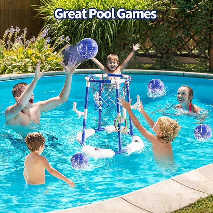 Sitodier Pool Basketball Hoop for Kids, 2-in-1 Floating Pool Water Play Toys and Ring Game with 4 Balls and Pump, Outdoor Summer Swimming Pool Basketball Games Family Party for Kids Adults (Blue)
