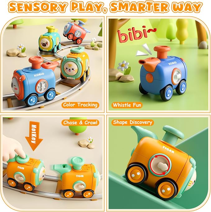 Keamaidy Baby Train Car Toys for Toddler 1-3, 4PCS Press to Go Push Car, Infant Play Whistle Vehicle Toy Set for 12-18 Months, 1st Birthday Christmas Easter Gifts for 1-2 Years Old Boys