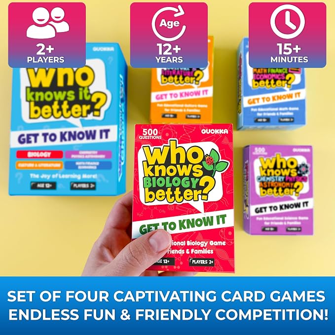 QUOKKA Board Games for Kids 8-12 – Set of 4 Family Card Games for Kids and Adults – Trivia Cards for Family Game Night – Who Knows It Better – 2000+ Questions Across Biology, Culture, STEM and Math