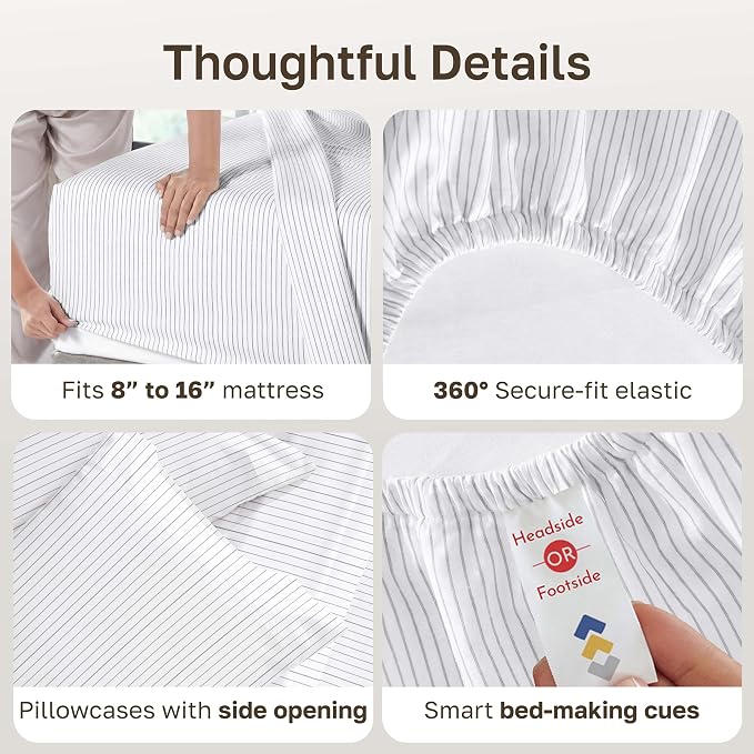 California Design Den Soft Cotton Cal King Size Bed Sheets Set, 400 TC Good Housekeeping Award Winner, Smooth Sateen Finish with Deep Pockets, Cozy and Durable Cal King Bedding Set - Pinstripe