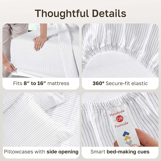 California Design Den Soft 100% Cotton Full Size Bed Sheets Set, 400 TC Good Housekeeping Award Winner, Smooth Sateen Finish with Deep Pockets, Cozy and Durable Full Bedding Set - Pinstripe