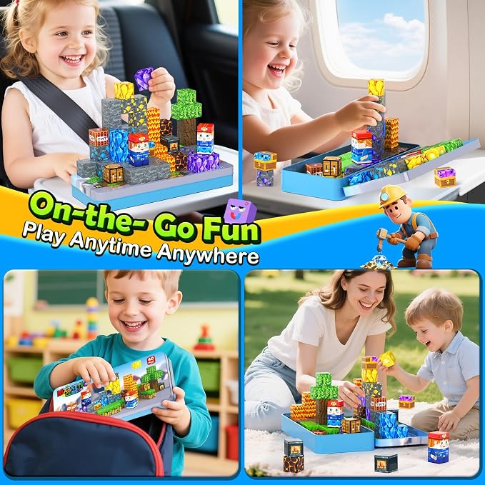 Soyee Magnetic Blocks Travel Toys with Metal Tin Travel Essentials STEM Learning Outdoor Building Kids Toddler Toys & Birthday Gifts for Boys Girls Ages 3+