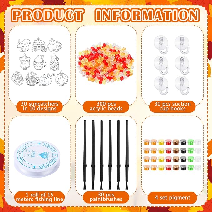 Yaomiao 30 Sets Fall Thanksgiving Suncatchers Art Kits DIY Turkey Squirrel Drawing Crafts Bulk Paint Your Own Window Ornaments for Boys Girls Home Class Birthday Autumn Party Favors Gifts