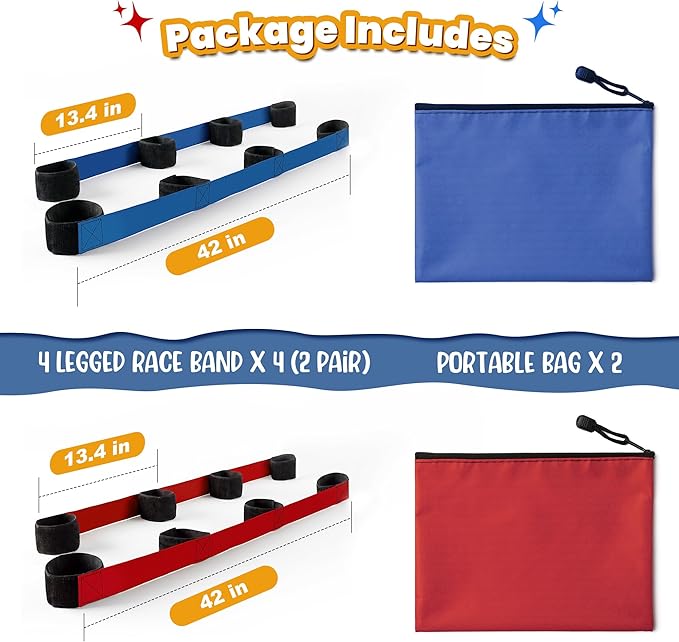 3 Legged Race Bands, Field Day Games for Adults, Outdoor Games for Carnival, Family Reunion & Backyard Party,Team Building Relay Race for 4 Players (2pk, Blue & Red)