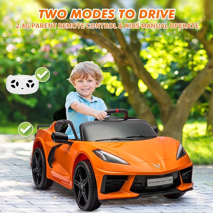 Garvee 12V Kids Ride on Car Licensed Corvette Toddlers Electric Sports Car Ride on Toy with Remote Control, Visual Dashboard, LED Lights, Music for Boys & Girls, Orange