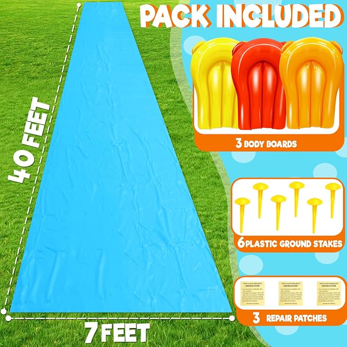 40 FT X 7FT Extra Long n Width Slip Water Slide, Heavy Duty Lawn Water Slides and 3 Bodyboards 6 Stakes, Summer Outdoor Water Toys for Kids Teens and Adults Backyard Beach Swimming Pool Party