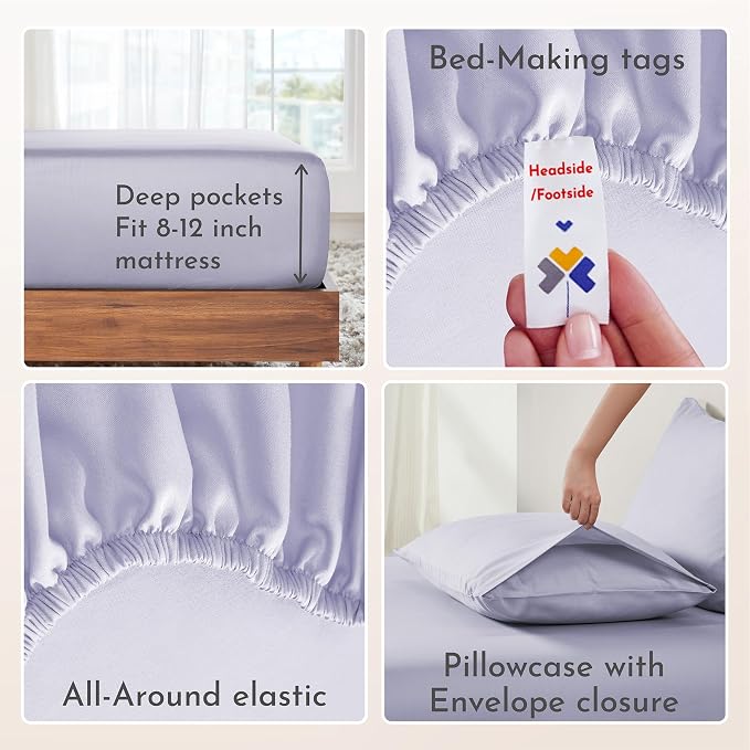 California Design Den Twin Sheets Set - Natural 100% Cotton Twin Bed Sheets, Soft Sateen Weave, Fully Elasticized 12" Pockets, Breathable and Durable Bedding - Lavender