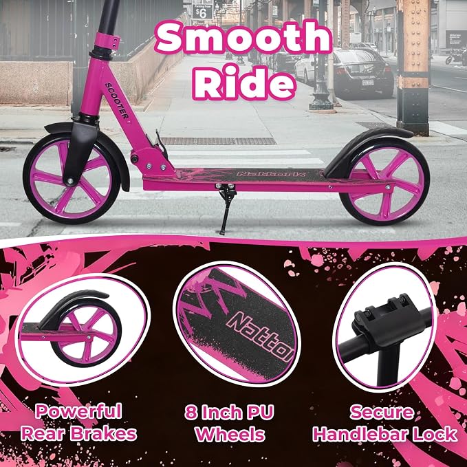 Nattork Scooter for Kids 6+, Teens and Adults- Adjustable Height Folding Kick Scooter with Large Sturdy Wheels for a Smooth Ride, Lightweight, Anti-Shock Suspension for Boys and Girls