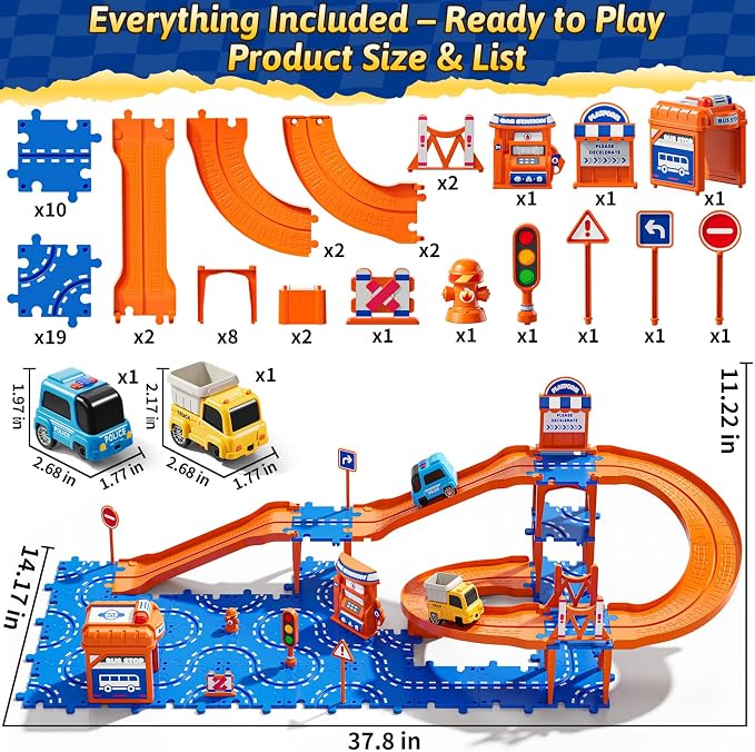 Toddler Puzzle Race Cars Track Toys for Kids Age 3-5 2-4 Years, 59PCS Puzzles Car Track Set Includes 2 Cars and Road Signs, Educational Birthday Gifts for Kids, Boys and Girls
