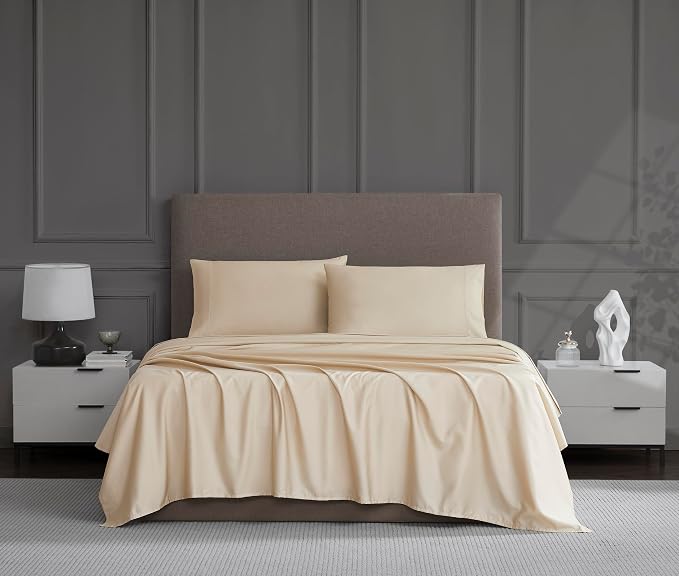 Linen Closet Luxury 1200 Thread Count King Size Sheets Set, 4 Pieces, Cotton Rich, Beige, Soft, Durable & Wrinkle Resistant Sateen Sheets, 16" Deep Pocket Fitted Sheet, Home & Hotel Essentials