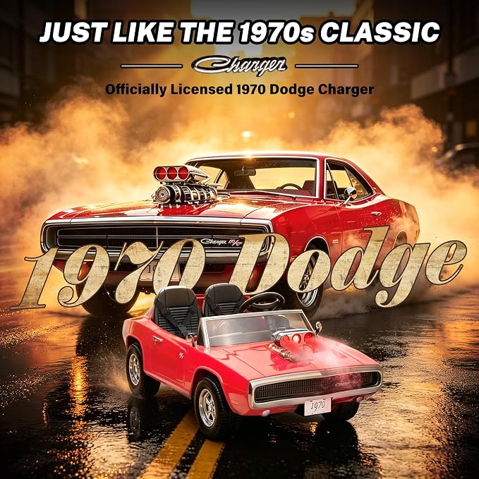 Licensed 1970 Dodge Charger 24V Ride on Toys for Big Kids, 2 Seater Ride on Car with Parent Remote Control, Dual 120W Motors, Bluetooth Music, LED Lights, Hood Supercharger with Mist, 5 MPH