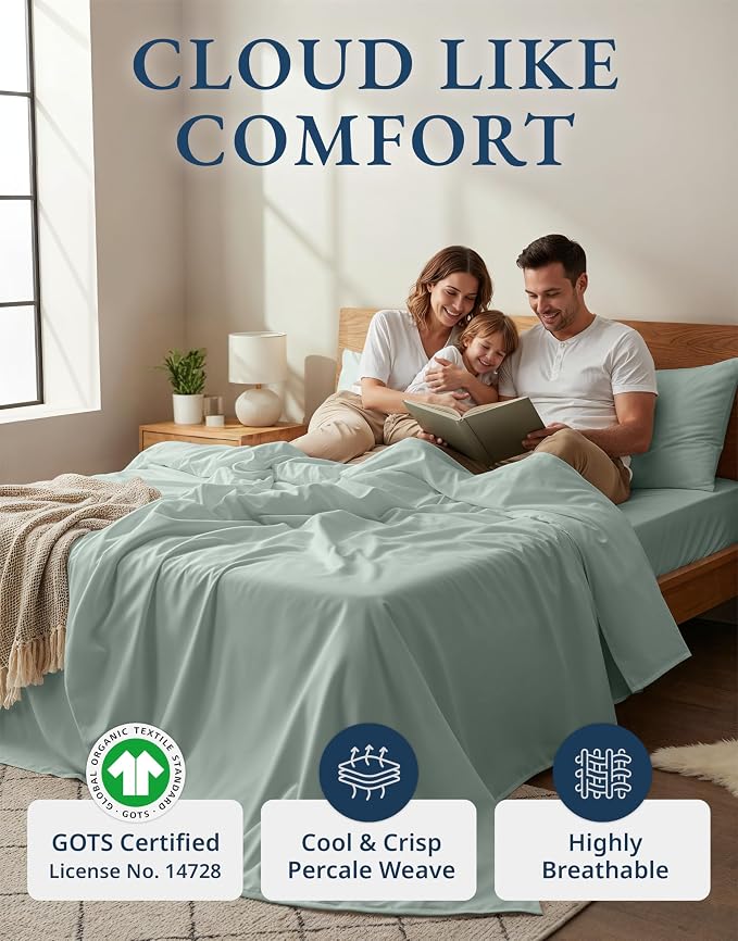 LANE LINEN Twin XL Sheet Set 100% Organic Cotton Soft 3pc - Cool Blue | Twin XL Sheets In Organic Cotton Percale - Breathable For Year-Round Sleep, Best-Value Organic Cotton, For Hot Sleepers