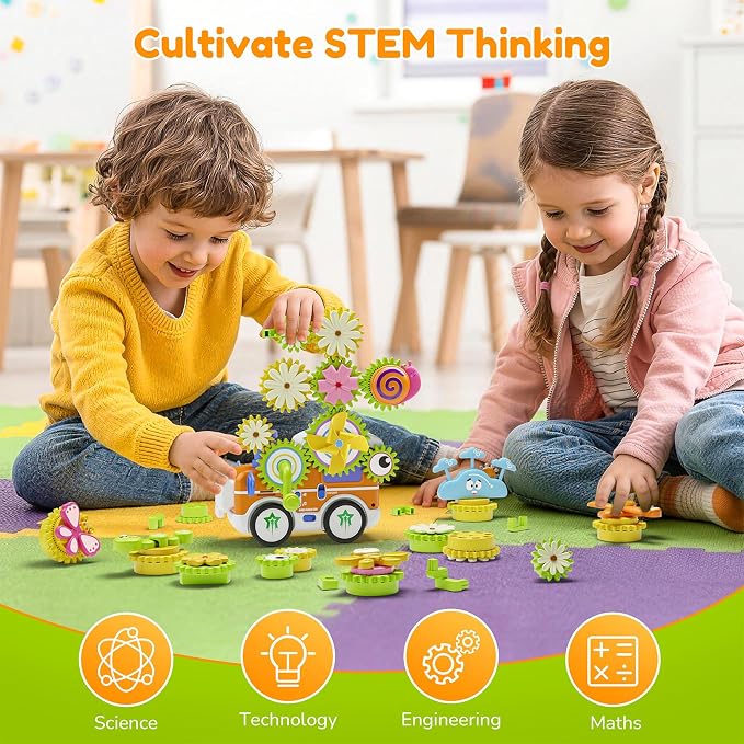 Gears Building Toys for Kids Ages 3+, STEM Construction Set for Toddlers, Train and Flower Models with Electric & Manual Modes, Lights and Music, DIY Educational Learning Toys Gift for Boys and Girls