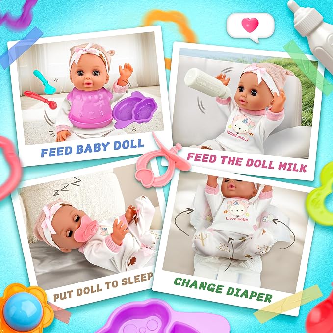 SMILESSKIDDO 14" Baby Doll with Washable Dolls Accessories, Lifelike Soft Babydoll Pretend Play Includes Carrier Bassinet Bed, Doll Clothes, Feeding Set, Gift Idea for Girls 1 2 3+ Year Old