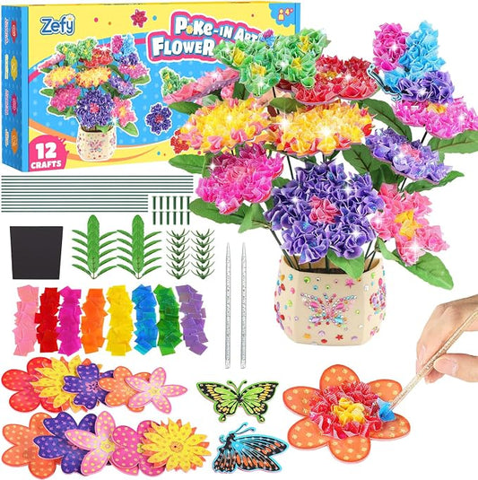 Zefy Poke Art Flower Bouquet, Mess-Free Arts and Crafts for Kids | DIY Activities with 8 Colors 10 Flowers & 2 Butterflies, Birthday Valentine Gifts for Girls Craft Kits 4-12
