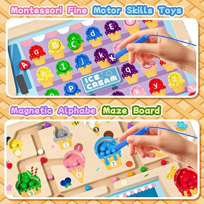 2 in 1 Magnetic Maze Board for Kids Montessori Toys Double-Sided Counting Magnetic Alphabet Letters ABC Magnets Puzzles 3-5 Age Boys and Girls Birthday Gifts
