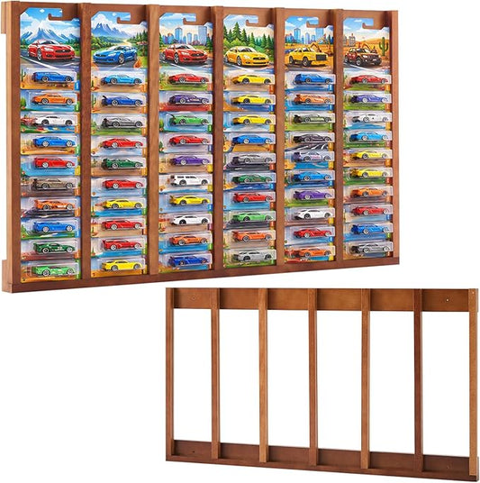 Sintuff Wood Model Car Display Case Wall Mount, 50 Slots Toy Car Organizer for 1: 64 Scale Carded Die-cast Cars, Hanging Storage Rack for Collections Lovers
