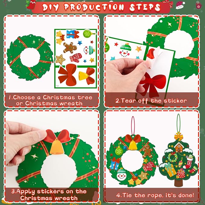 80UncleKimby 60pcs Christmas Crafts for Kids - DIY Xmas Tree Wreath Ornaments with Sticker Kits - Set for Holiday Decorations, Party Favors, and Classroom Activities