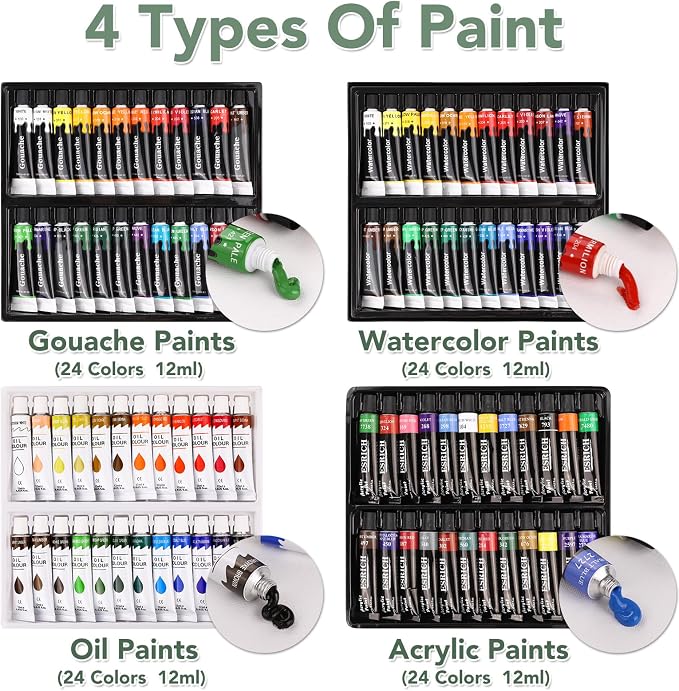 ESRICH 166 Pcs Painting Set, Painting Supplies with 96 Paint(Oil, Watercolor，Gouache & Acrylic Paint) Metal and Wooden Easels, Canvas, Paper Pads, 45 Paintbrushes etc. for Adults, Kids, Artists